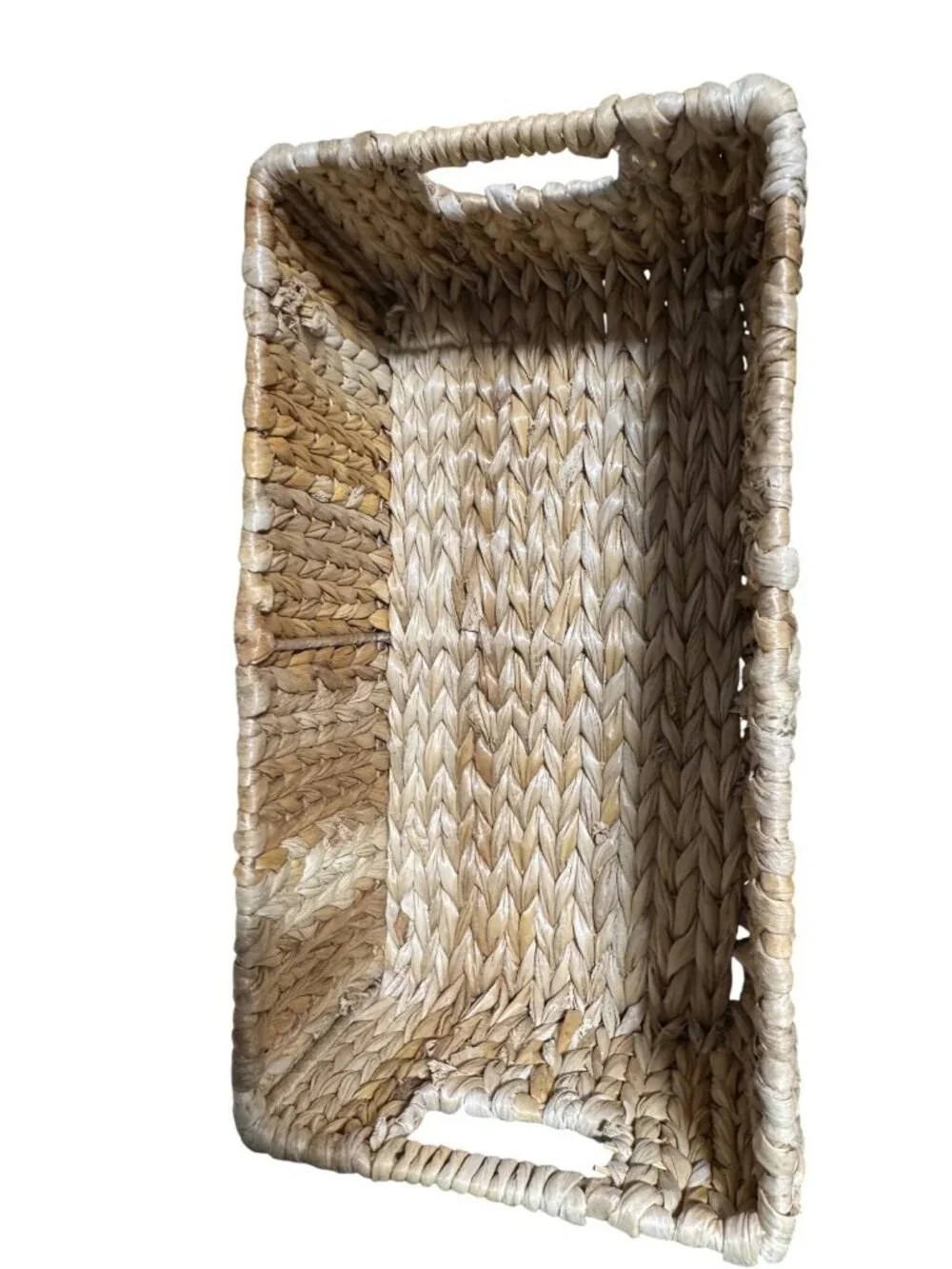 Handwoven Rectangular Water Hyacinth Basket With Handles For Storage Or Decor